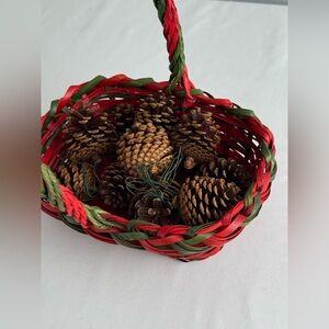 Holiday Red and Green Basket with NC  Pine Cone Ornaments